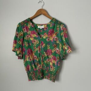 Hale Bob 100% Silk Blouse Floral Tropical Pattern Green Women's Size Small